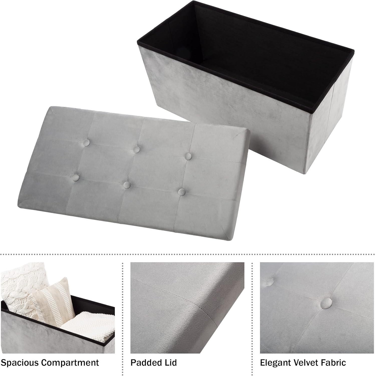 imageStorage Ottoman Velvet Tufted Footrest Linen Chest or Storage Organizer with Removable Lid for Bedroom Living Room or Dorm by Lavish Home GrayRectangular