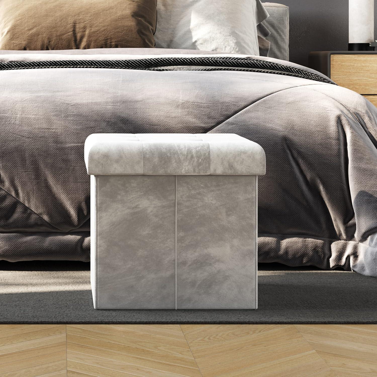 imageStorage Ottoman Velvet Tufted Footrest Linen Chest or Storage Organizer with Removable Lid for Bedroom Living Room or Dorm by Lavish Home GraySquare