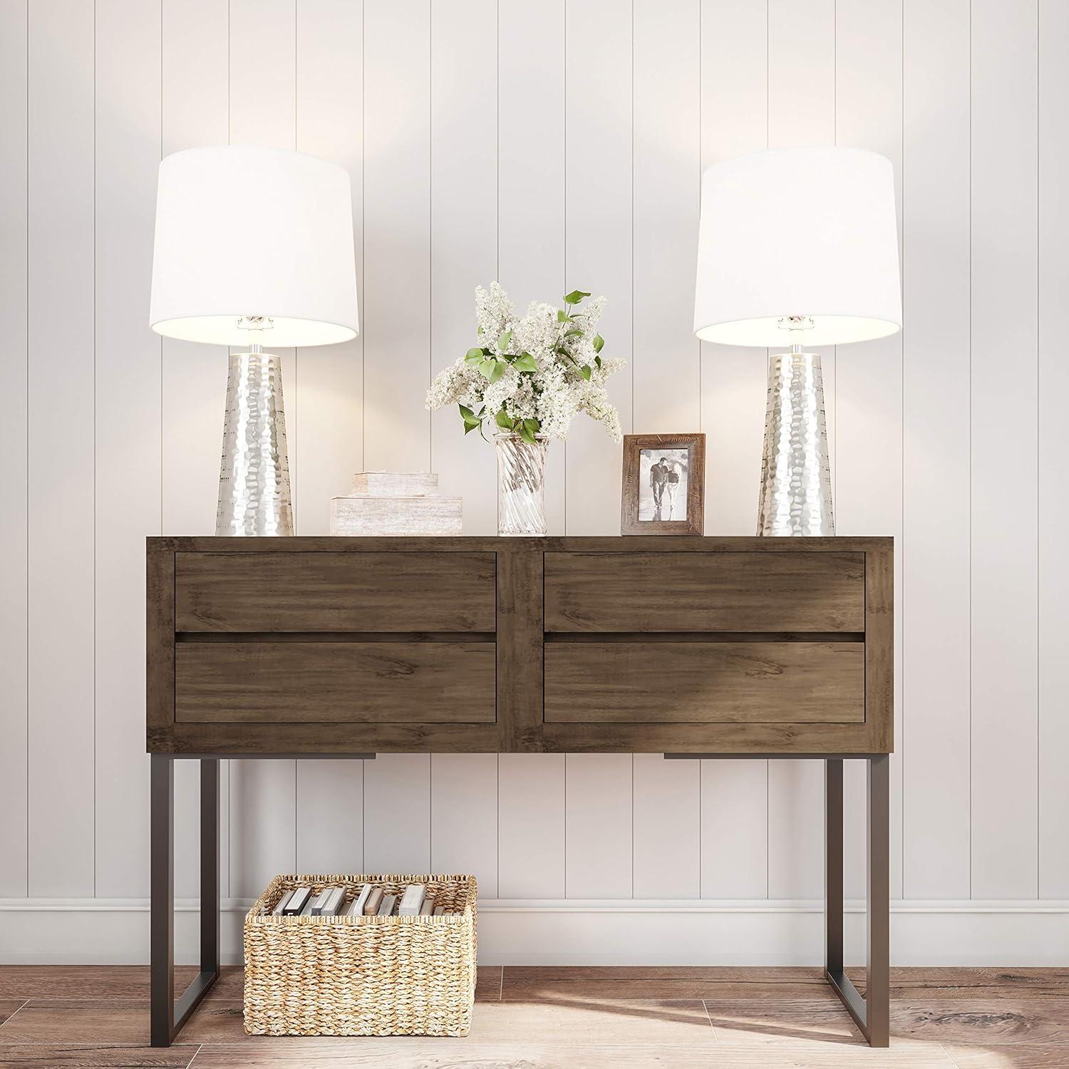 imageTable Lamps Set of 2 Hammered Metal Lights with Flared Bases and Drum Shades for End Tables and Nightstands by Lavish Home Brushed Silver