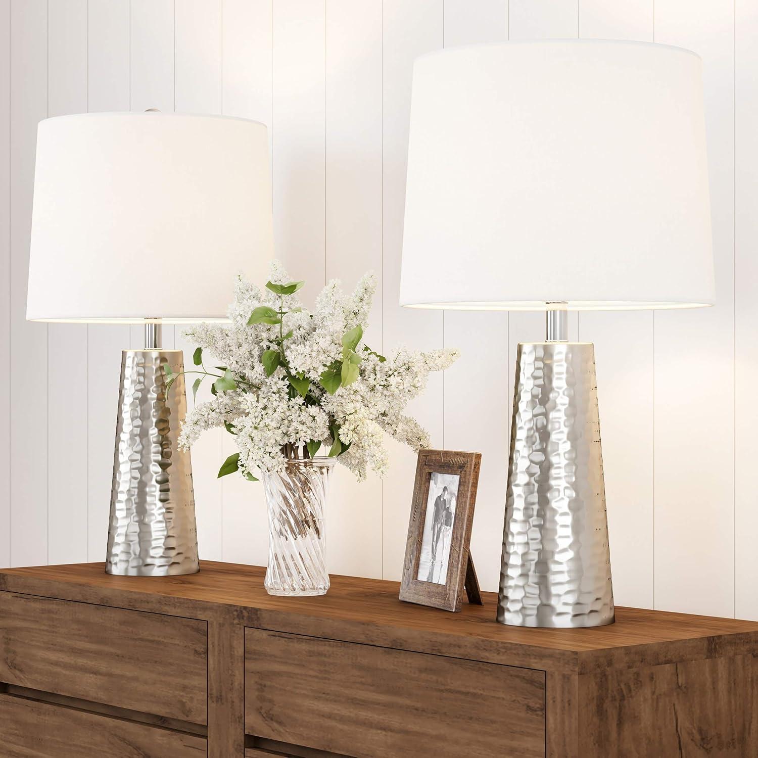 imageTable Lamps Set of 2 Hammered Metal Lights with Flared Bases and Drum Shades for End Tables and Nightstands by Lavish Home Brushed Silver