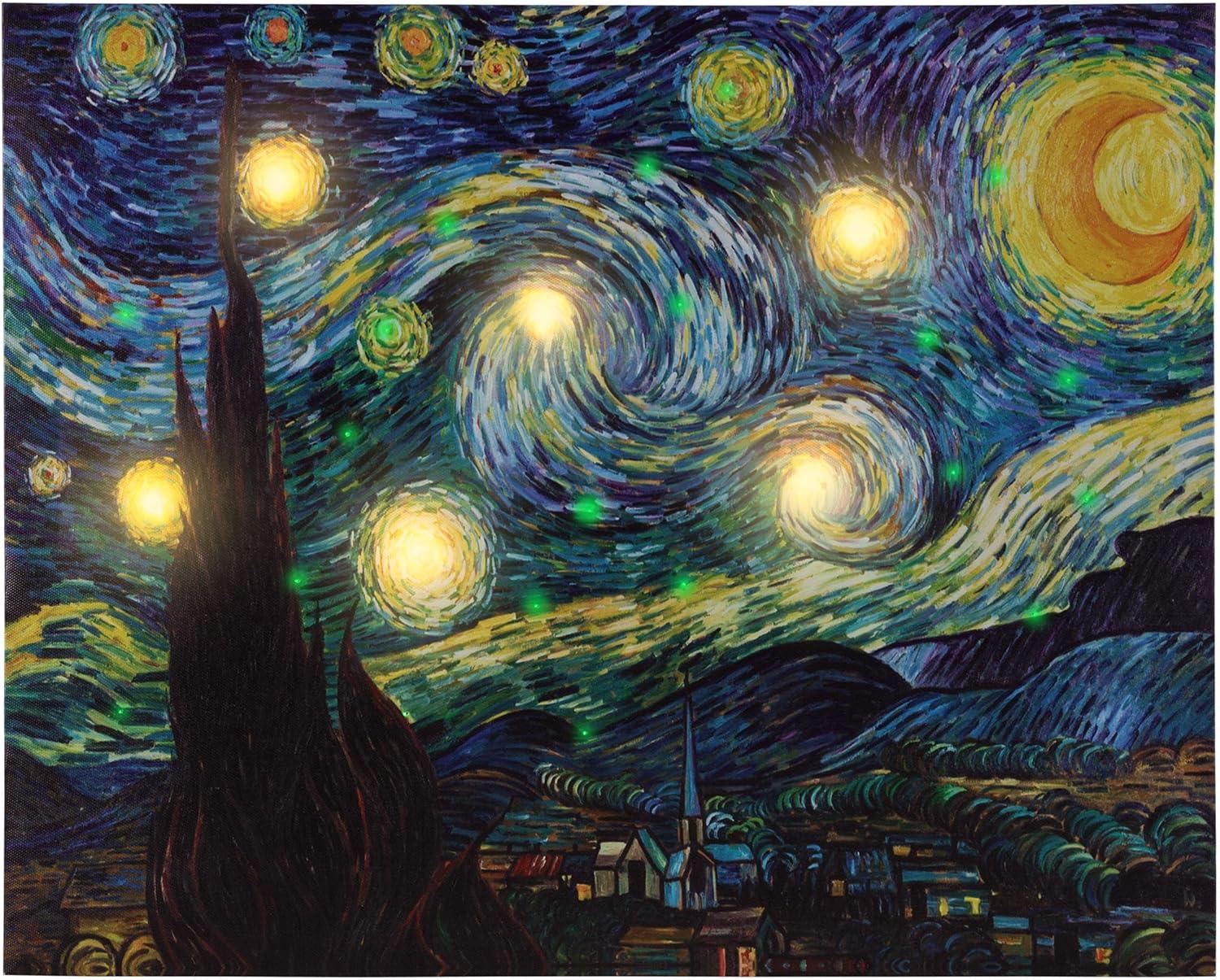 imageVan Gogh Wall Art Set Lighted Canvas Starry Night Print with Timer Fiber Optic Lights and LED Flameless Candle Home Dcor by Lavish Home 12x16