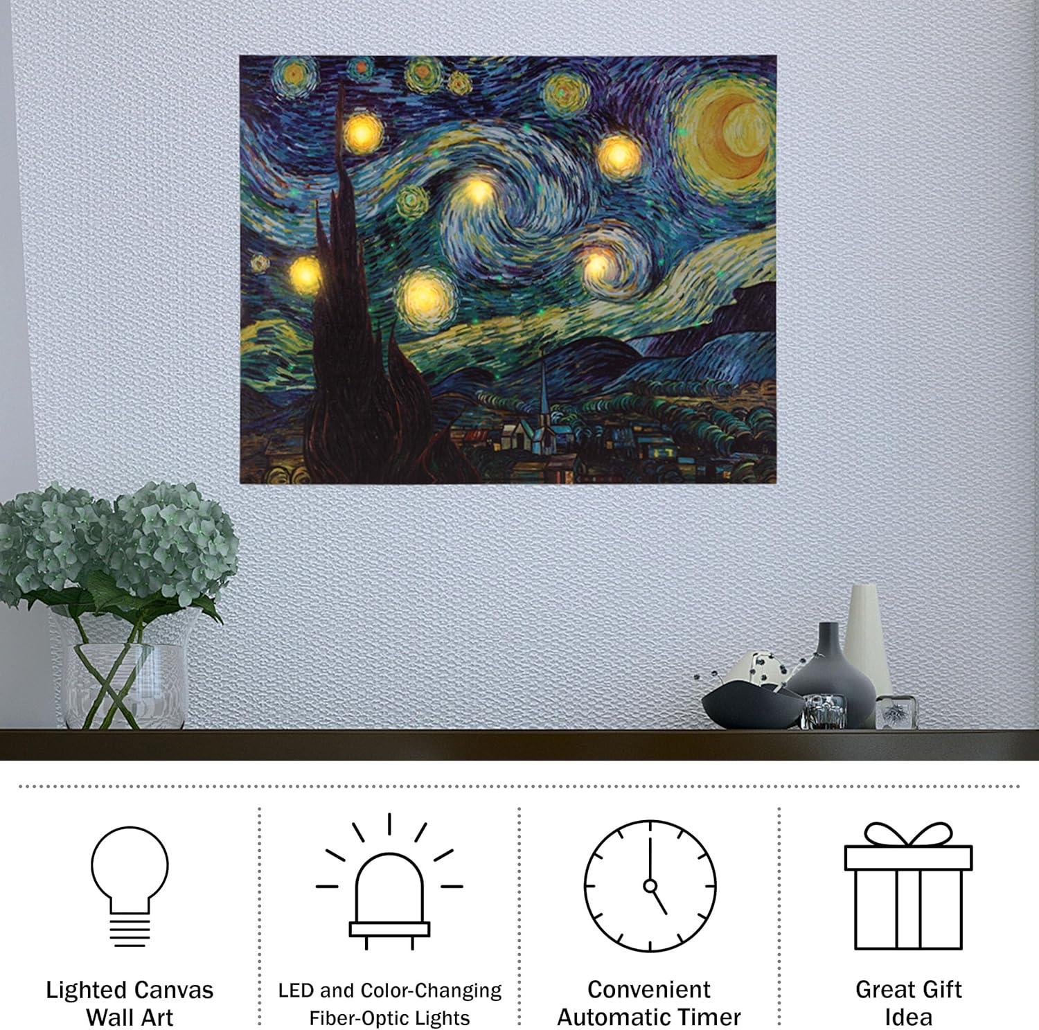 imageVan Gogh Wall Art Set Lighted Canvas Starry Night Print with Timer Fiber Optic Lights and LED Flameless Candle Home Dcor by Lavish Home 12x16