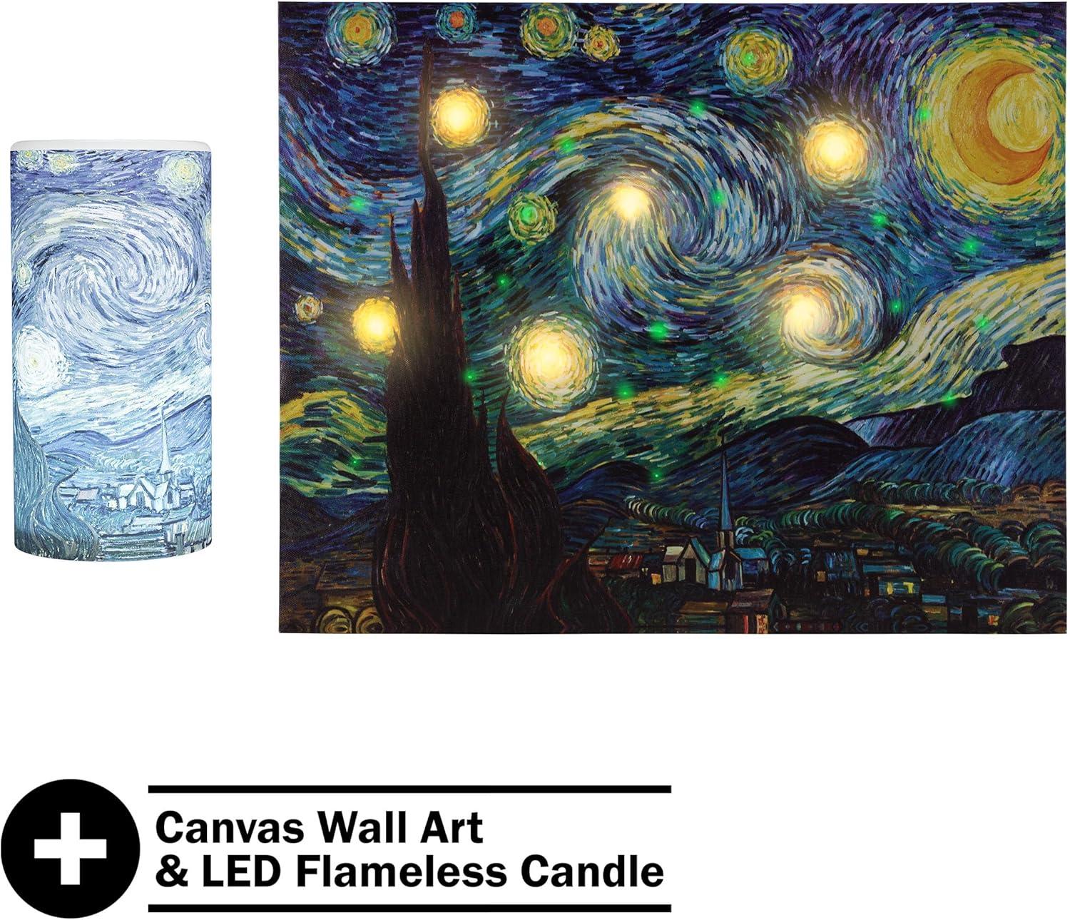 imageVan Gogh Wall Art Set Lighted Canvas Starry Night Print with Timer Fiber Optic Lights and LED Flameless Candle Home Dcor by Lavish Home 12x16