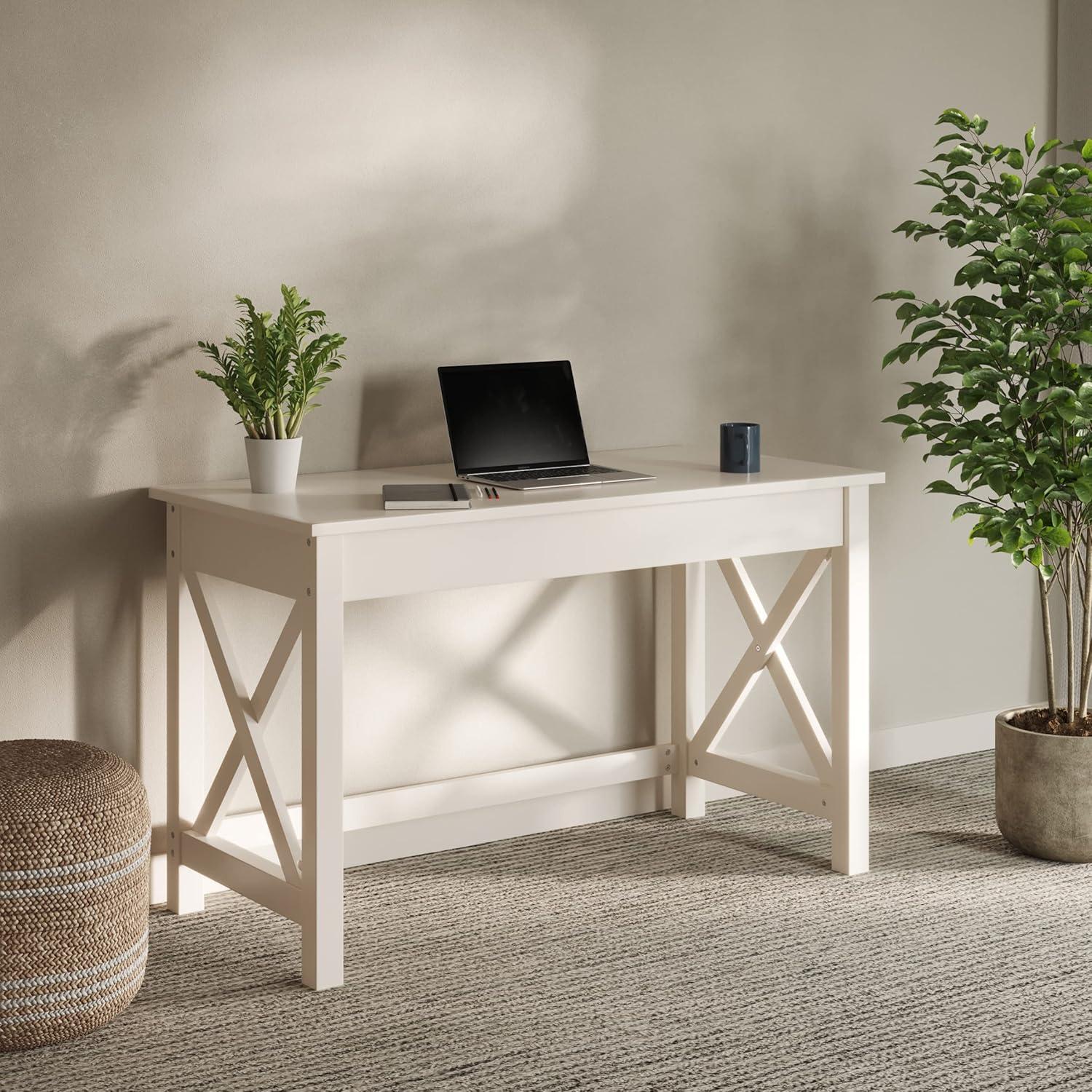 imageWriting Desk Work Desk with XPattern Legs for Office Bedroom Computer or Craft Table Home Office Desks by Lavish Home Tan Wood FinishWhite