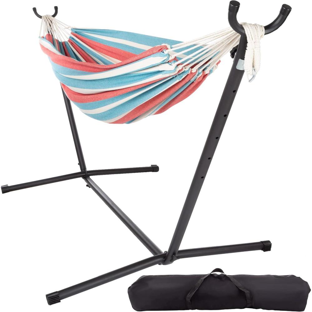 image2Person Hammock with Stand BrazilianStyle Woven Cotton Swing Single Hanging Bed with 450lbs Weight Capacity by Pure Garden BlueRed Stripe