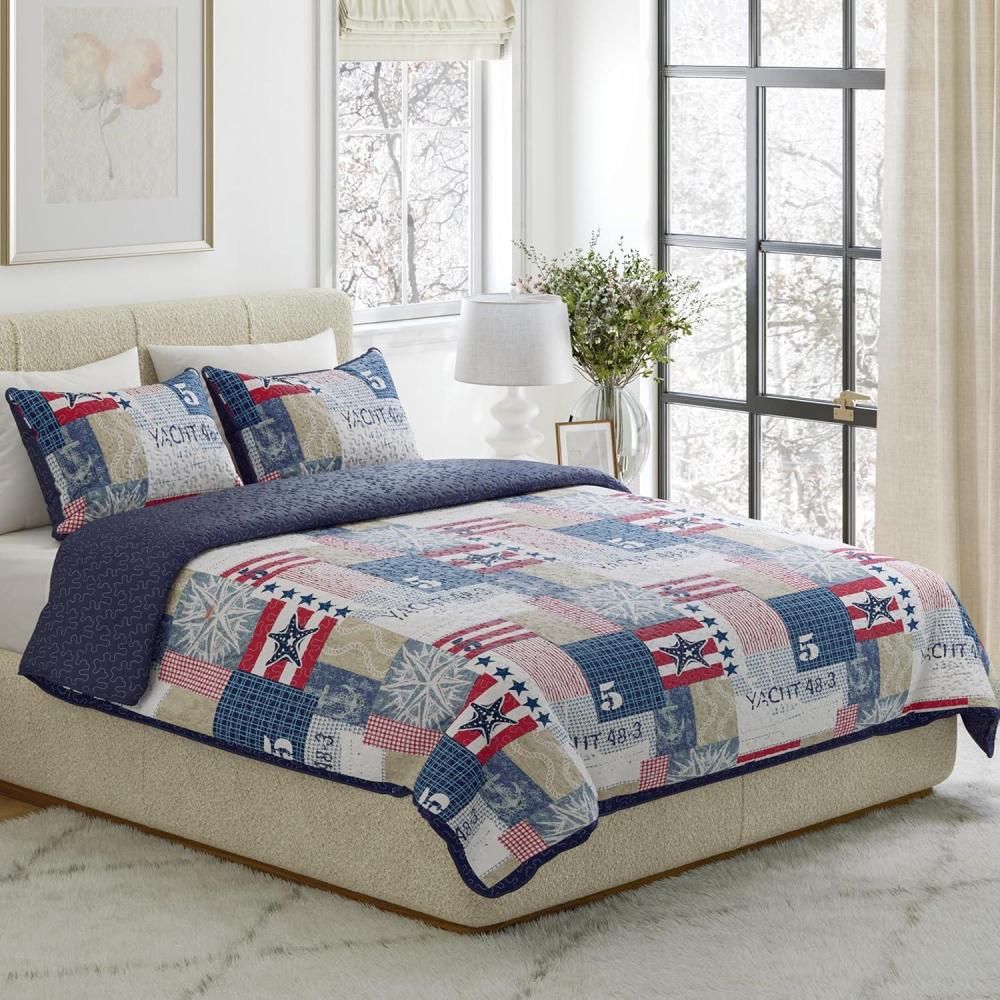 image2Piece Quilt Set Nautical Americana Patchwork Print AllSeason Soft Microfiber Bedspread Twin Bedding with Pillow Sham by Lavish HomeKing