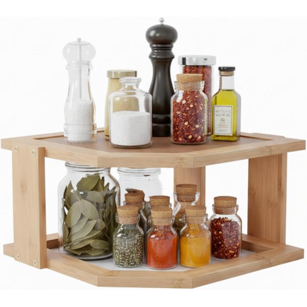 image2Tier Bamboo Corner Shelf for Kitchen or Bathroom Cabinet Countertop Cupboard Storage and Organizer Natural Wood Space Saving Rack by Lavish Home
