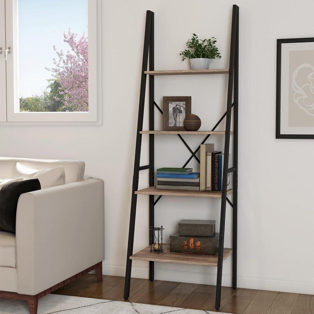 image4Tier Ladder Bookshelf Freestanding Bookcase with XBack Frame and Leaning Look Display Shelves for Home and Office by Lavish Home BlackGray