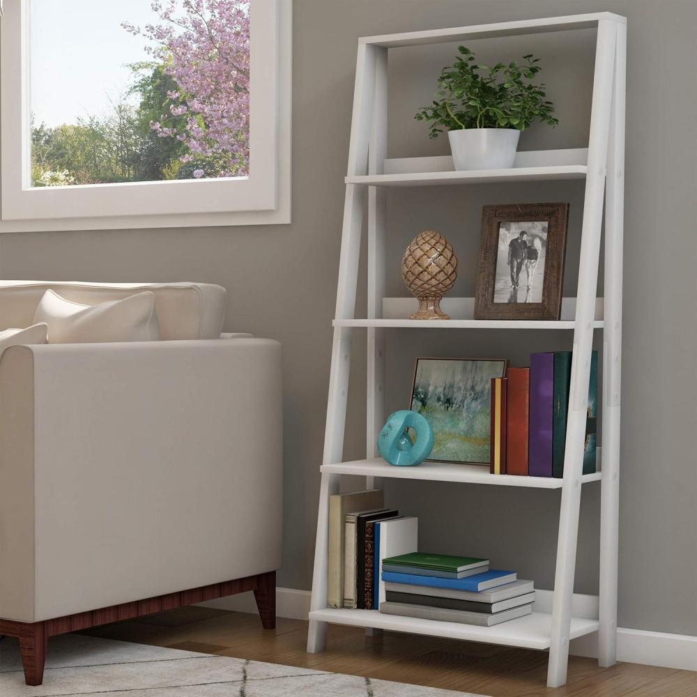 image4Tier Ladder Bookshelf  Freestanding Shelved Bookcase with XBack Frame and Leaning Look  Display Shelves for Home or Office by Lavish Home White