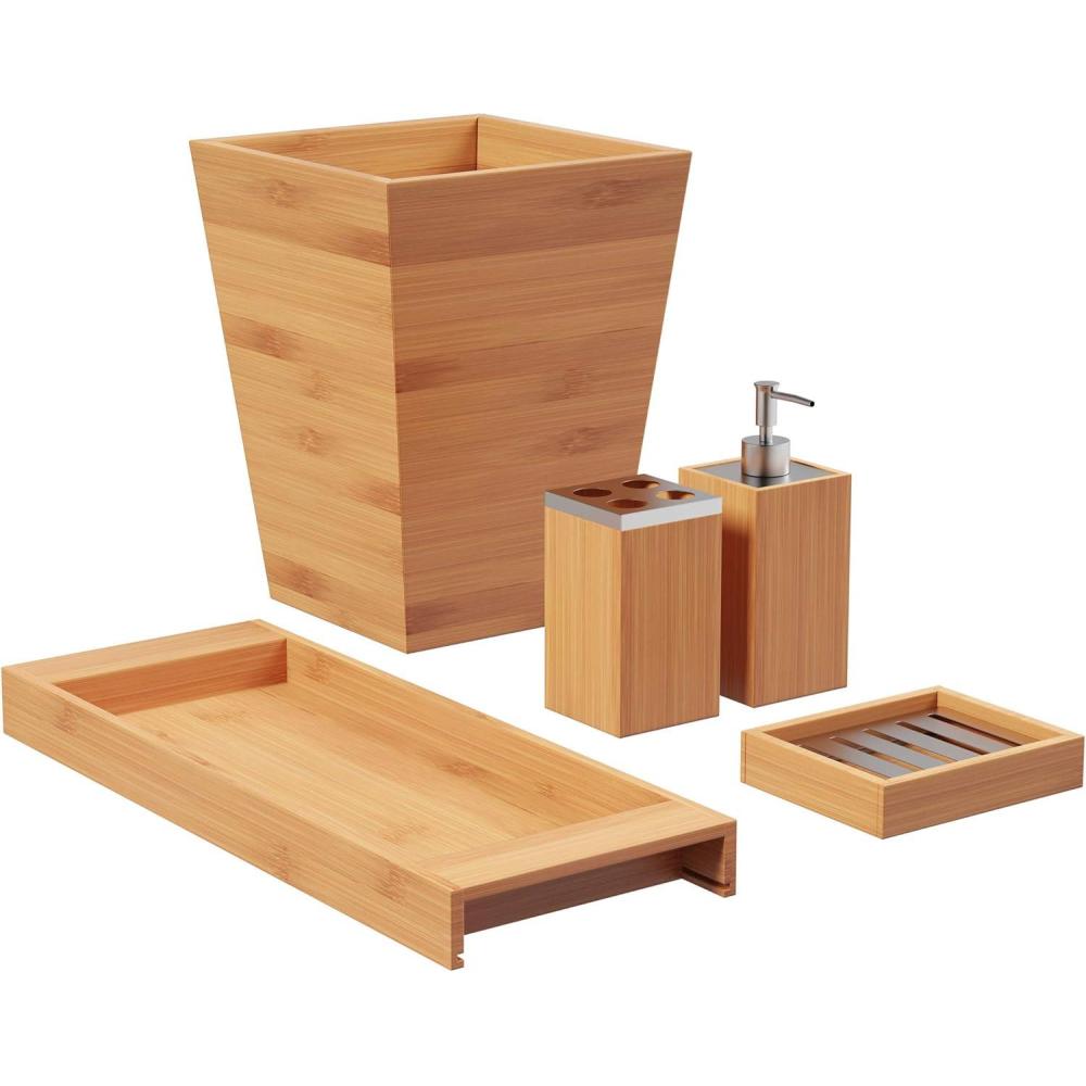 image5Piece Bathroom Decor Set Bamboo Vanity Accessories with Trash Bin Soap Dish Soap Dispenser Toothbrush Holder and Tray by Lavish Home Natural