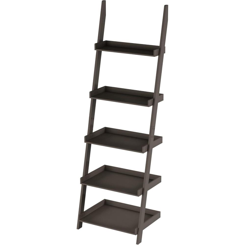 image5Tier Ladder Bookshelf Freestanding Wooden Bookcase Frame with Leaning Look Shelves for Home and Office Storage by Lavish Home Gray