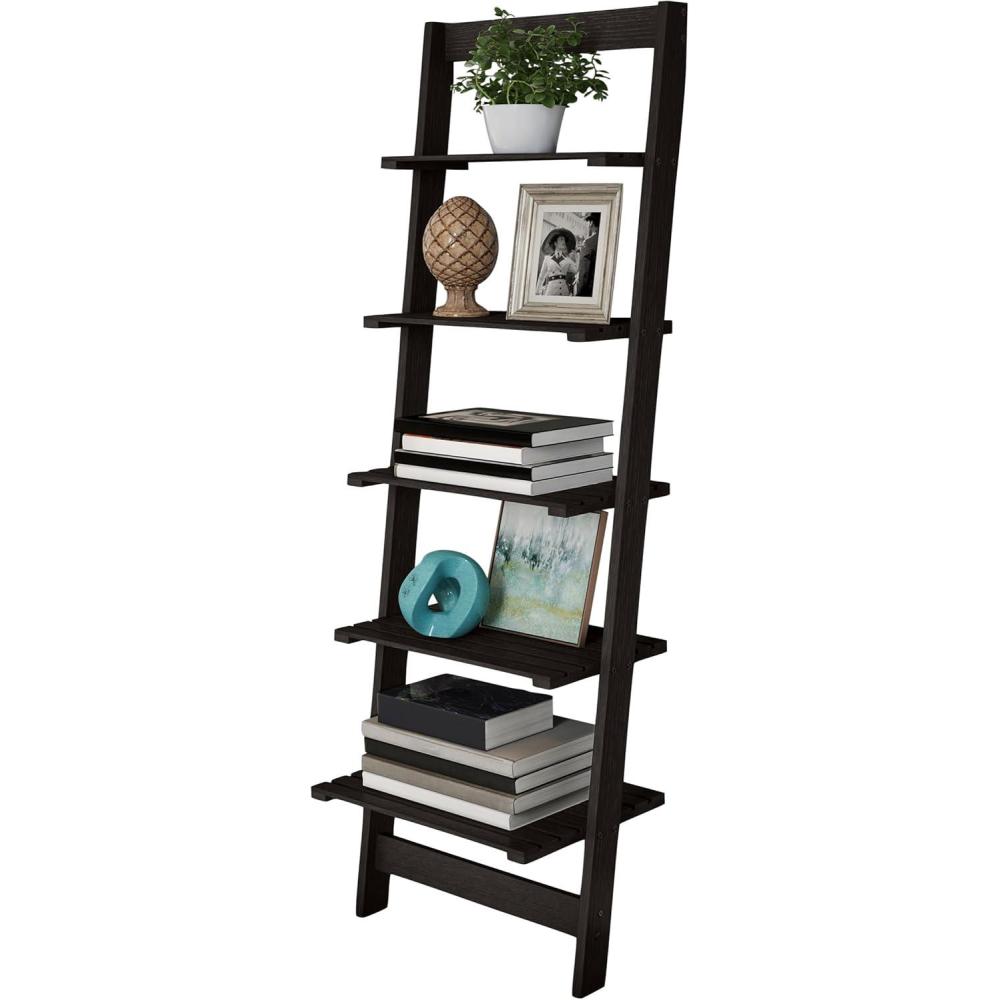 image5Tier Ladder Shelf 50Inch Narrow Leaning Bookshelf Wooden Bookcase for Living Room Bathroom Kitchen Office or Bedroom Furniture by Lavish Home OakBlack