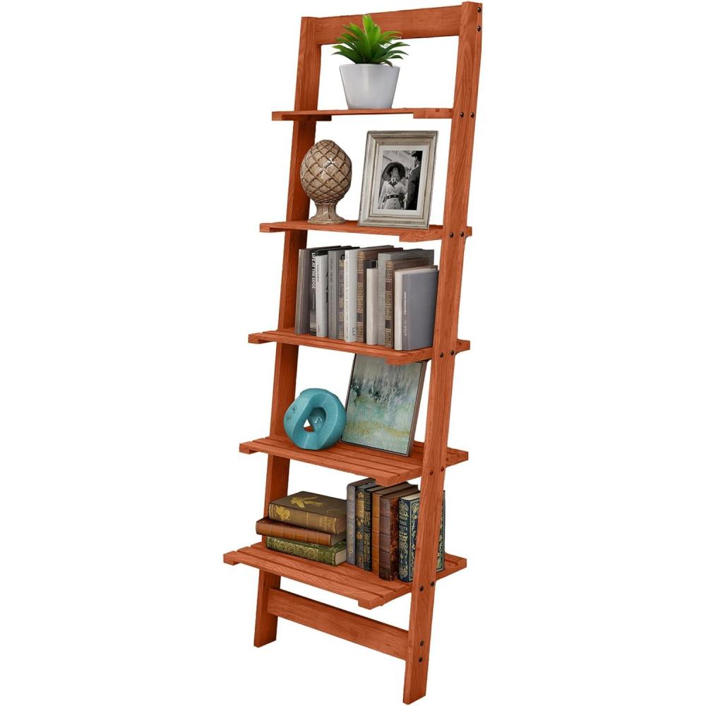 image5Tier Ladder Shelf 50Inch Narrow Leaning Bookshelf Wooden Bookcase for Living Room Bathroom Kitchen Office or Bedroom Furniture by Lavish Home OakCherry
