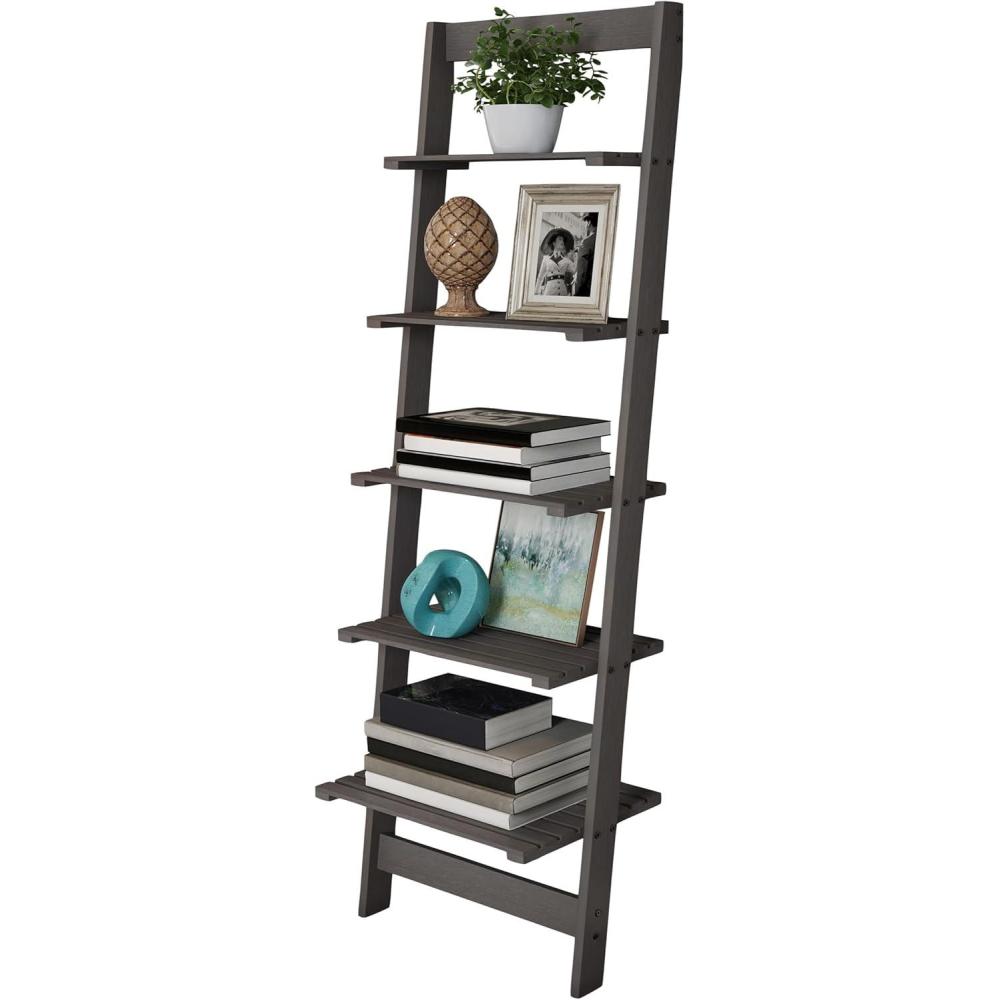 image5Tier Ladder Shelf 50Inch Narrow Leaning Bookshelf Wooden Bookcase for Living Room Bathroom Kitchen Office or Bedroom Furniture by Lavish Home OakGrey