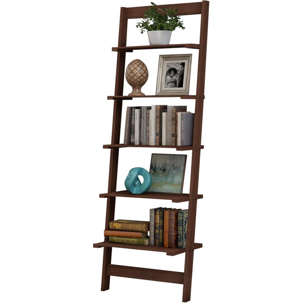 image5Tier Ladder Shelf 50Inch Narrow Leaning Bookshelf Wooden Bookcase for Living Room Bathroom Kitchen Office or Bedroom Furniture by Lavish Home OakWalnut