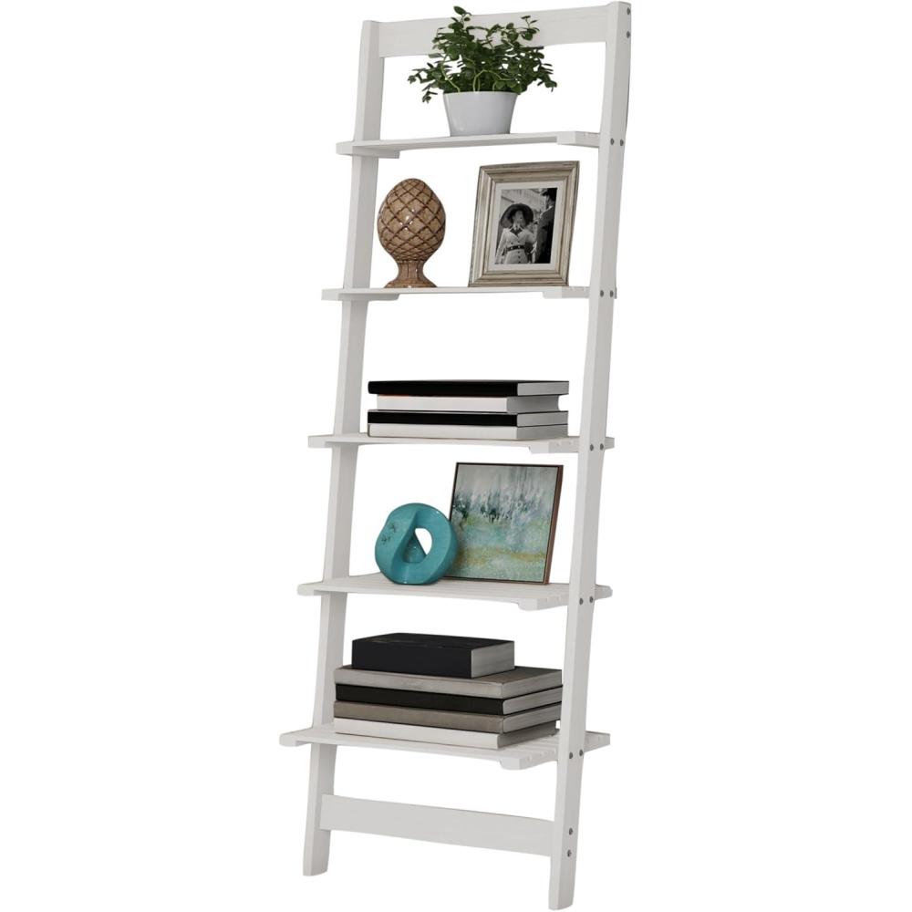 image5Tier Ladder Shelf 50Inch Narrow Leaning Bookshelf Wooden Bookcase for Living Room Bathroom Kitchen Office or Bedroom Furniture by Lavish Home OakWhite