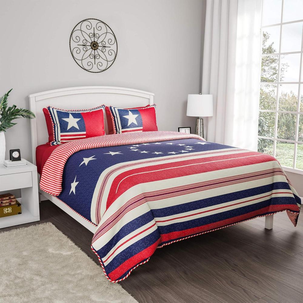 imageBedford Home 2Piece Quilt and Bed Set Hypoallergenic Polyester Microfiber Glory Bound Patriotic Americana Flag Print AllSeason Blanket with Shams by LHC TXL Deep Red Antique White Navy Blue