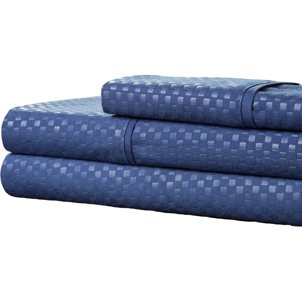 imageBrushed Microfiber Sheet Set 3 Piece Embossed Checkered Bed Linens Deep Pocket Fitted ampamp Flat Sheets Plus A Pillowcase by Lavish Home Twin BlueNavy