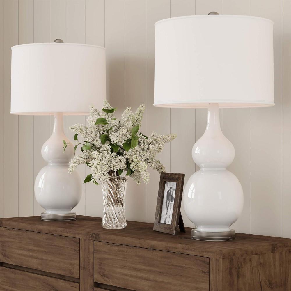 imageCeramic Table Lamps Set of 2 Double Gourd VintageStyle Accent Lights for Bedroom Living Room or Office with LED Bulbs by Lavish Home WhiteMilky White