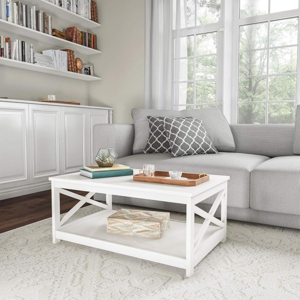 imageCoffee Table 2Tiered Wood Sofa Table Low Profile and XLeg Design Living Room Furniture for Storage Display or TV Stand by Lavish Home WhiteWhite