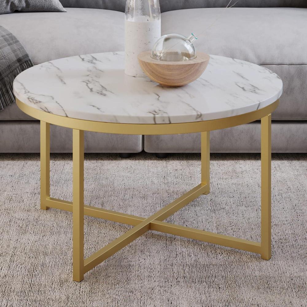 imageCoffee Table with Faux Marble Top Modern Round Accent Table with Metal Crossbeam Base Coffee Tables for Living Room by Lavish Home WhiteGold