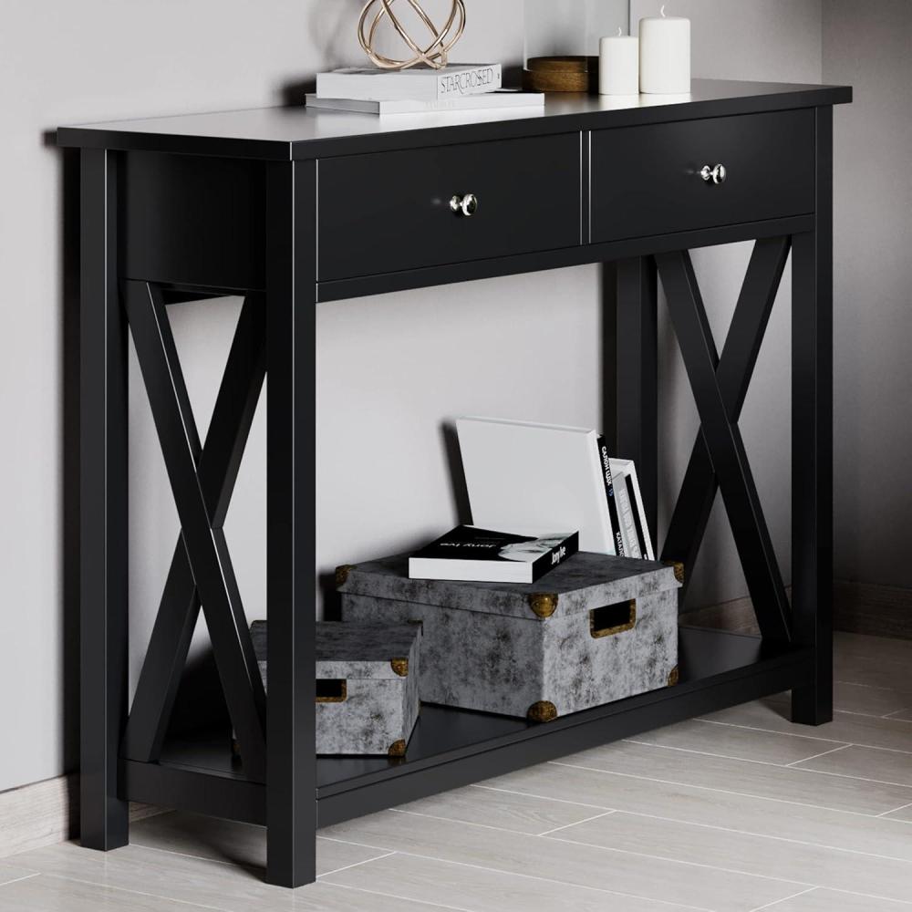 imageConsole Table with Two Drawers 2Tier Entryway Table with Storage Shelf and Sturdy XBraced Legs for Living Room or Hallway by Lavish Home Black