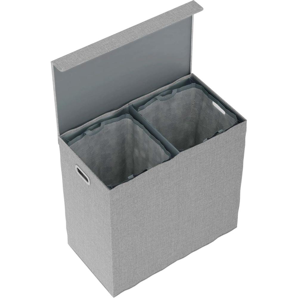 imageDouble Laundry Basket with Lid TwoSided Clothes Hamper with Removable Mesh Liner Bags Collapsible Clothing Organizer by Lavish Home Gray