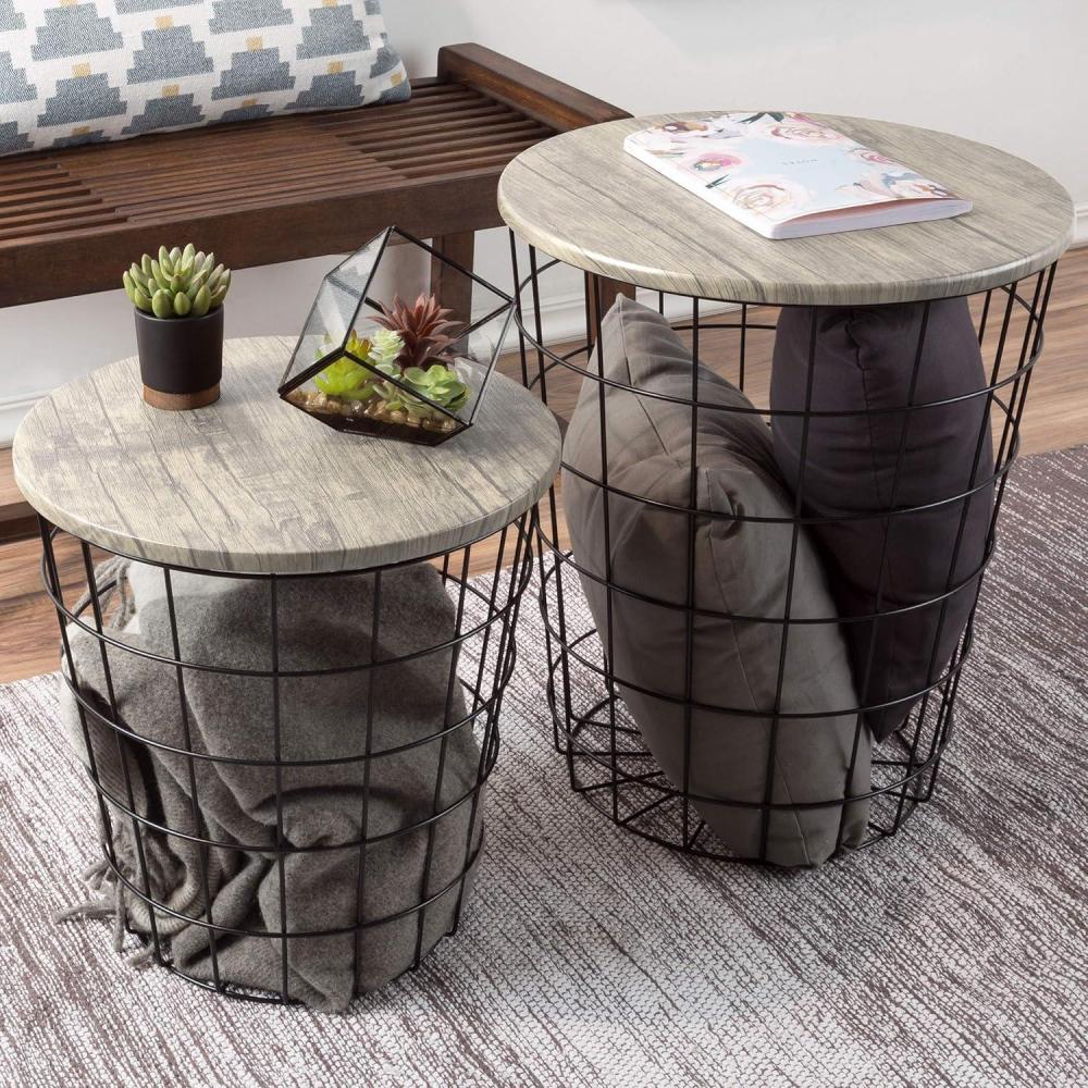 imageEnd Tables Set of 2 Nesting Tables with Removable Wood Tops and Metal Basket Bases for Blanket Storage Round Side Pieces for Living Room Bedroom or Home Office by Lavish Home BlackGrey