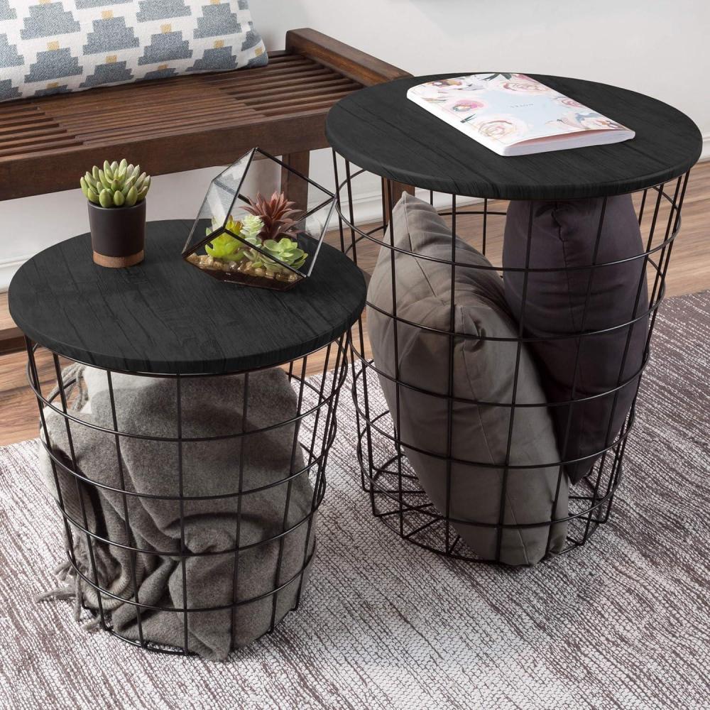 imageEnd Tables Set of 2 Nesting Tables with Removable Wood Tops and Metal Basket Bases for Blanket Storage Round Side Pieces for Living Room Bedroom or Home Office by Lavish Home BlackBlack