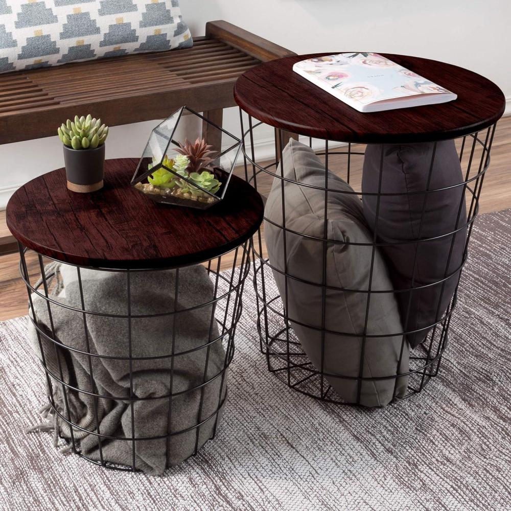 imageEnd Tables Set of 2 Nesting Tables with Removable Wood Tops and Metal Basket Bases for Blanket Storage Round Side Pieces for Living Room Bedroom or Home Office by Lavish Home BlackCherry