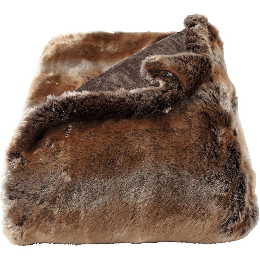 imageFaux Fur Throw Luxurious Soft Hypoallergenic Premium Fashion Faux Wolf Fur Blanket with Faux Mink Back and Gift Box 60x70 by BH Pearl WhiteBrown