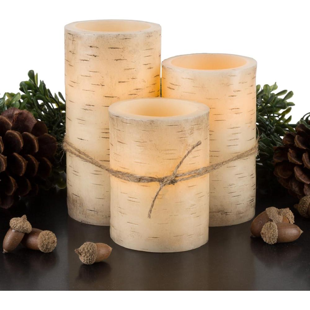 imageFlameless Candles  3Pack Faux Birch Bark Battery Operated LED Candles with Remote and Flickering Light for Home Dcor by Lavish Home