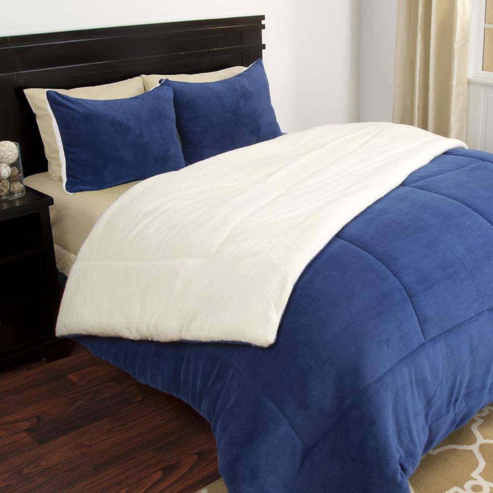 imageKing Size Comforter Set 3Piece Sherpa and Fleece Bedspread with Pillow Shams Warm Cozy MachineWashable Bedding by Lavish Home Navy