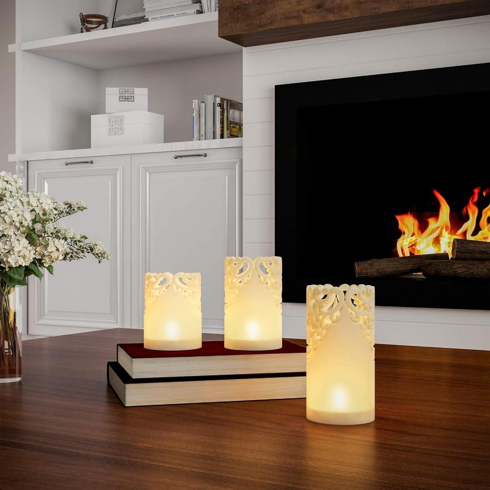 imageLED Candles with Remote Control  Set of 6 Realistic Flameless Pillar Lights with Lace Details and Vanilla Scented Wax  Home Decor by Lavish Home3Piece