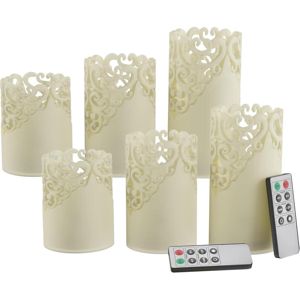 imageLED Candles with Remote Control Set of 6 Realistic Flameless Pillar Lights with Lace Details and Vanilla Scented Wax Home Decor by Lavish HomeSmall Medium Large