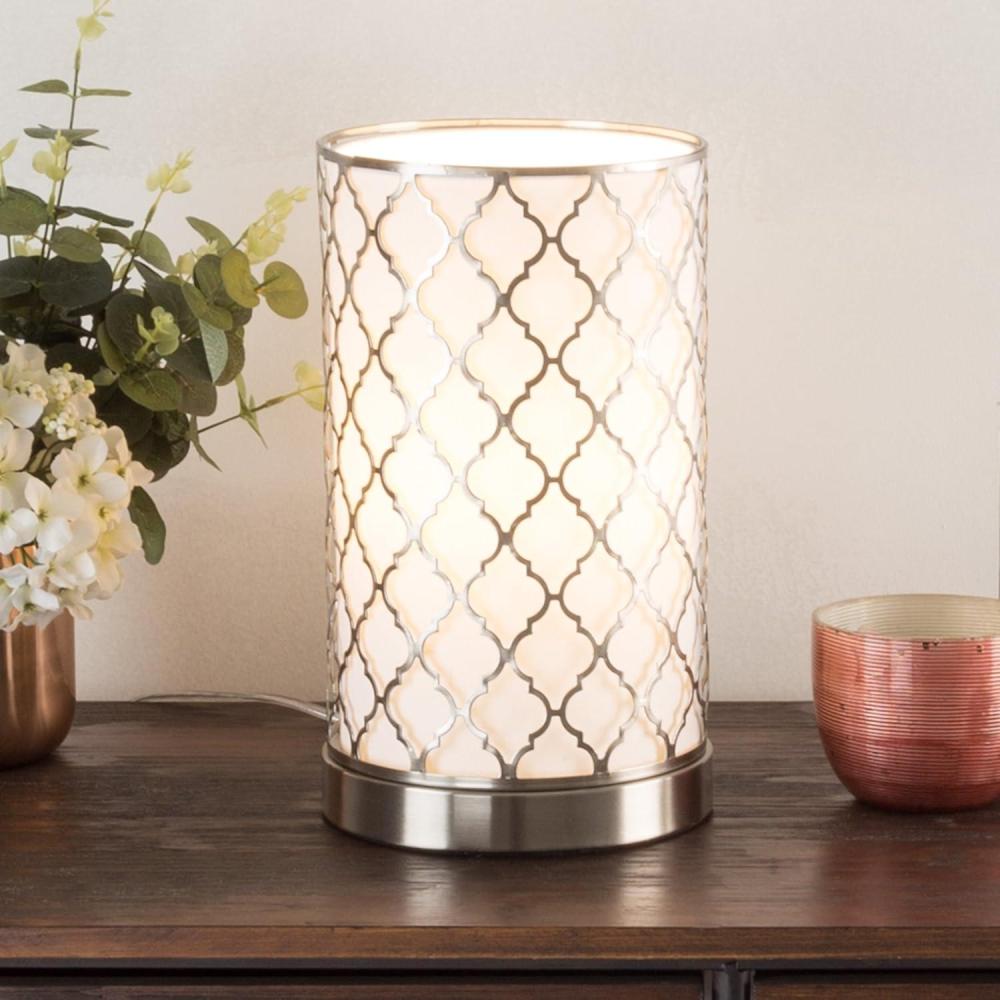 imageLED Uplight Table Lamp with Steel Finish Fabric Overwrap Laser Cut Quatrefoil Pattern and Included LED Light Bulb for Home Uplighting by Lavish HomeMoroccan