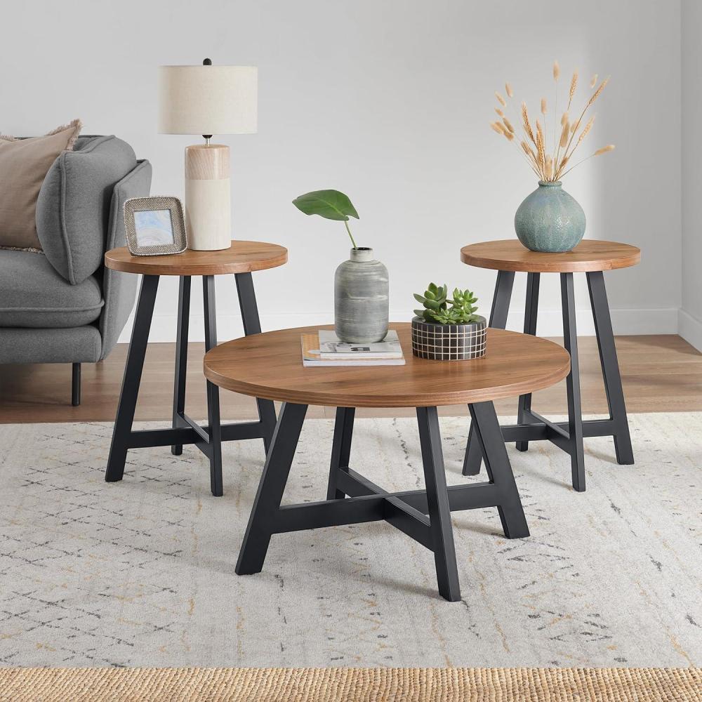 imageLavish Home 3Piece Coffee Table Set Industrial Modern Round Coffee Table and 2 Side Tables for Living Room Apartment or Dorm Room Walnut