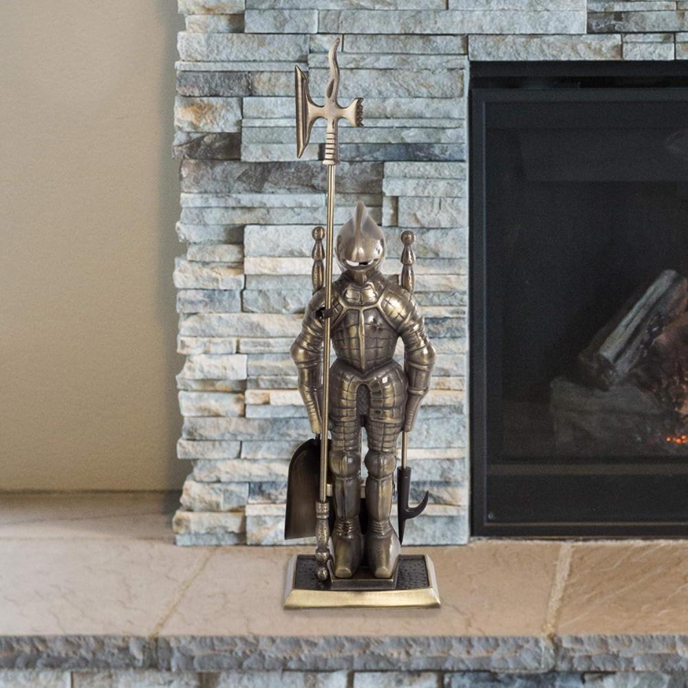 imageLavish Home 3Piece Fireplace Tool Set Medieval Knight Cast Iron Statue Holds Heavy Duty Essential Tools Includes Shovel Broom ampamp PokerMedieval Tool Set