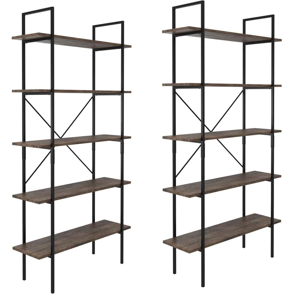 imageLavish Home 5Tier Bookshelf  Open Industrial Style Etagere Wooden Shelving  Freestanding Bookcase for Home or Office Brown WoodgrainSet of 2