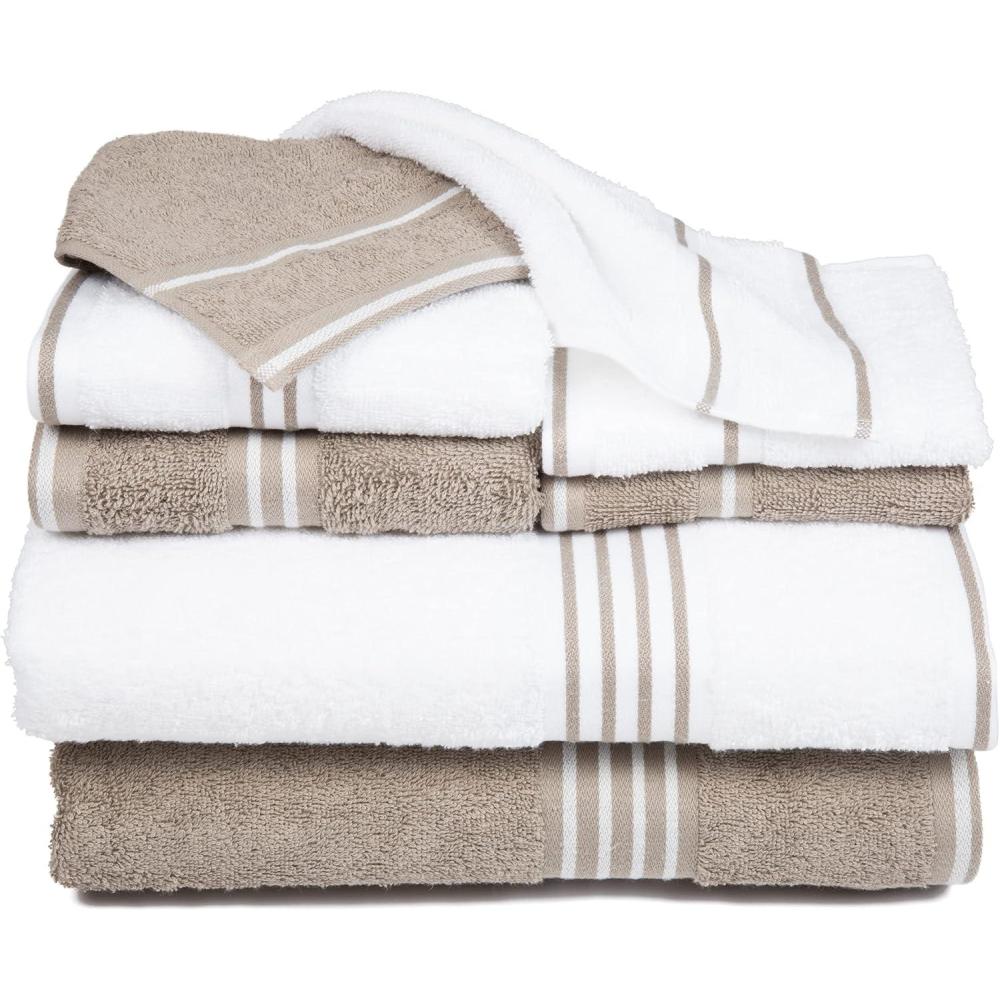 imageLavish Home 8PC Bathroom Towels Set 575GSM 100 Cotton Bathroom Essentials with 2 Bath Towels 2 Hand Cloths 2 Wash Cloths and 2 Fingertip Fabric for Shower Gym Dorm and Spa SilverWhite Taupe