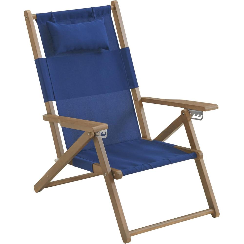 imageLavish Home Beach Chair Outdoor WeatherResistant Wood Folding Chair with Backpack Straps 4Position Reclining Seat Beach Essentials Taupe StripeBlue
