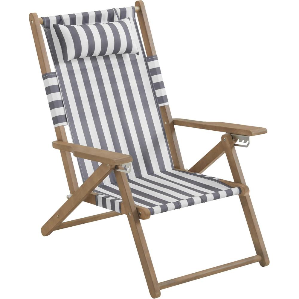 imageLavish Home Beach Chair  Outdoor WeatherResistant Wood Folding Chair with Backpack Straps  4Position Reclining Seat  Beach Essentials Taupe StripeGrey
