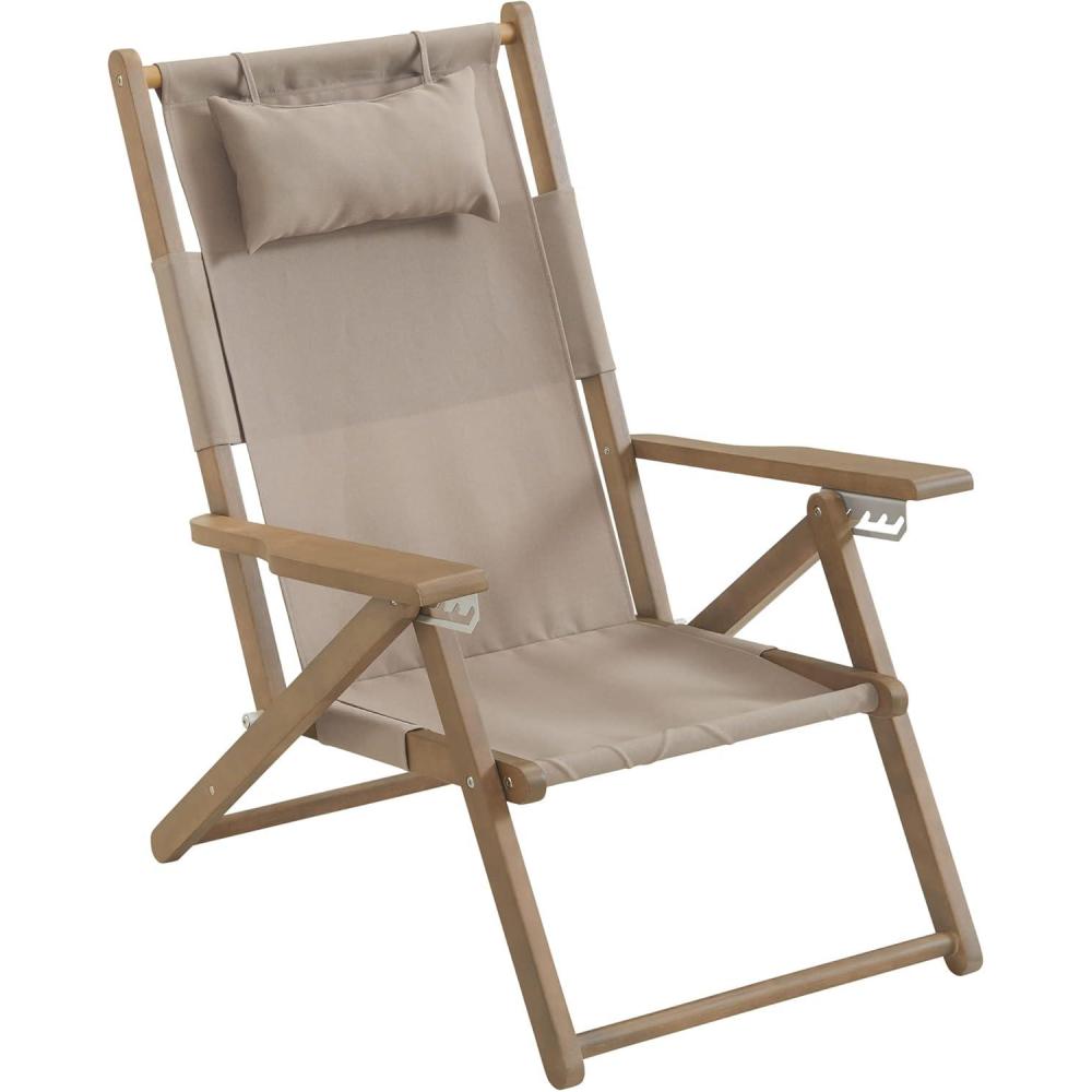 imageLavish Home Beach Chair  Outdoor WeatherResistant Wood Folding Chair with Backpack Straps  4Position Reclining Seat  Beach Essentials Taupe StripeTaupe