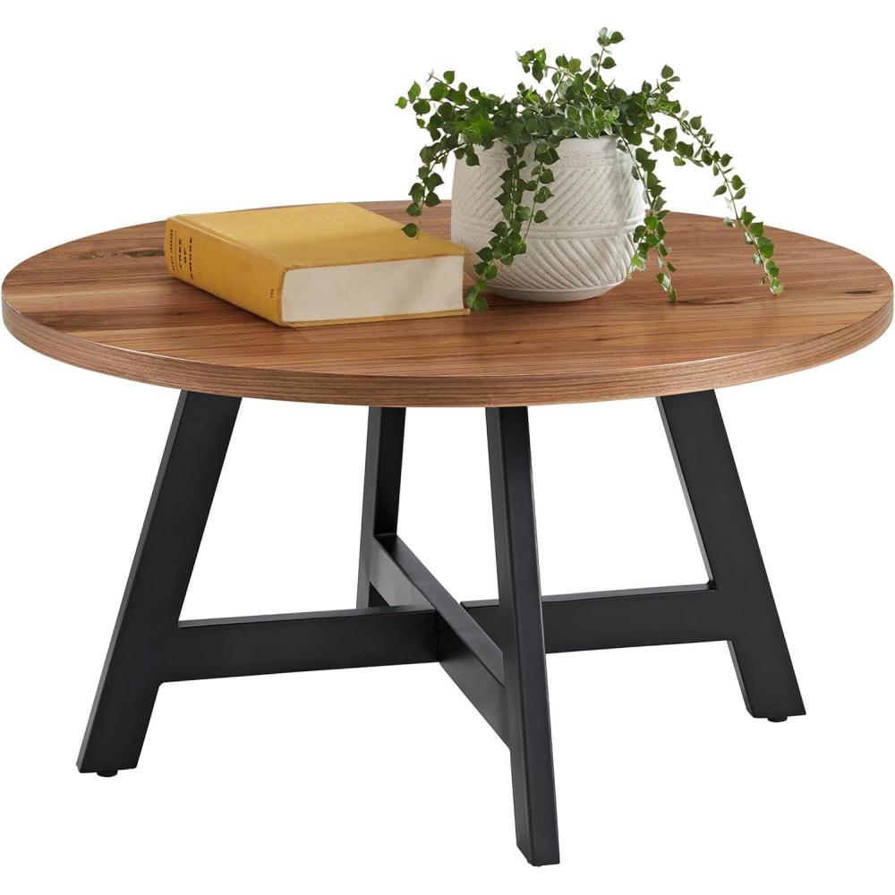 imageLavish Home Coffee Table Industrial Modern Round Table with Wood Top and Metal Base Furniture for Living Room Apartment or Dorm Room Walnut