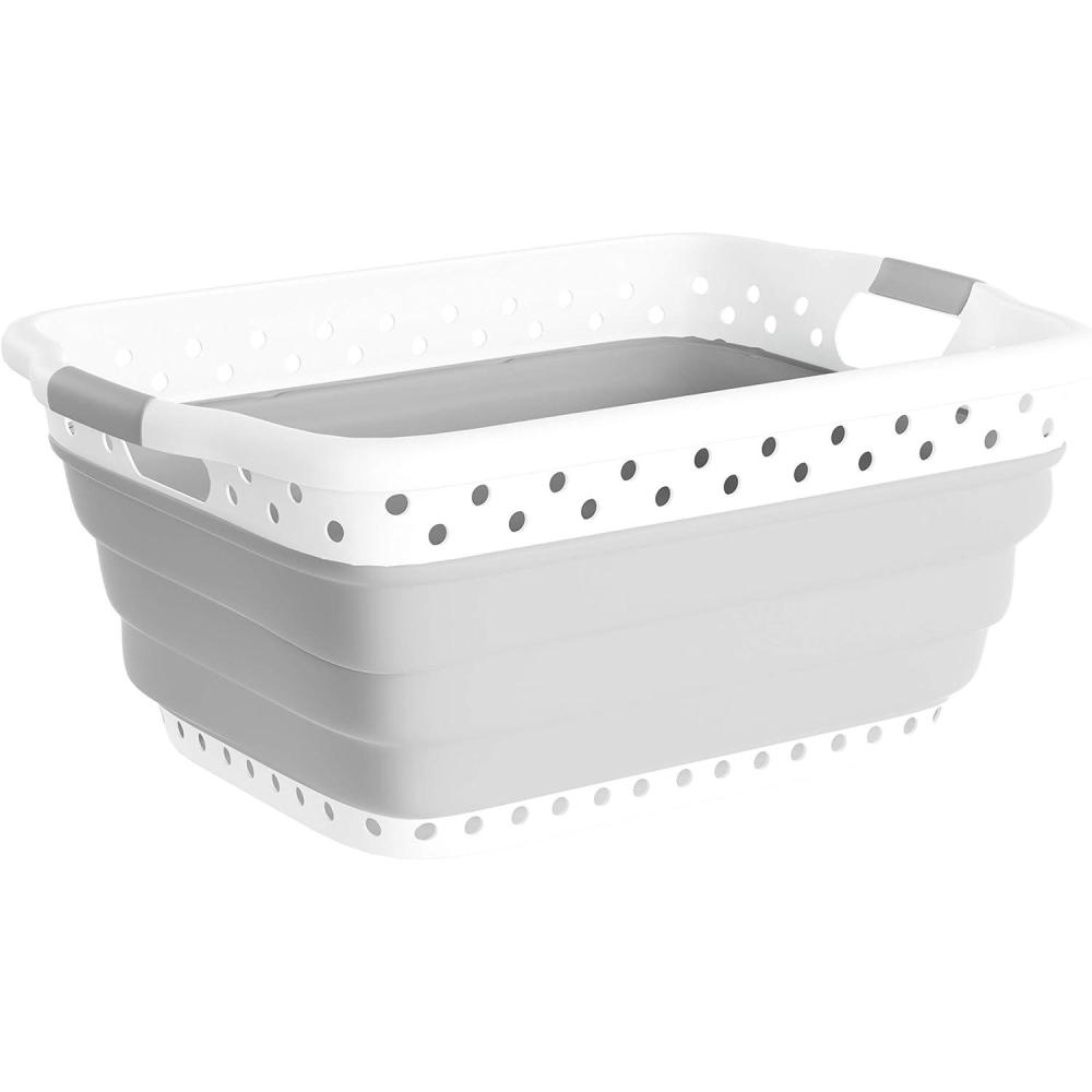 imageLavish Home Collapsible Plastic Laundry Basket SpaceSaving Portable Clothes Hamper with Comfort Grip Handles for Laundry Room Organization and Storage Gray