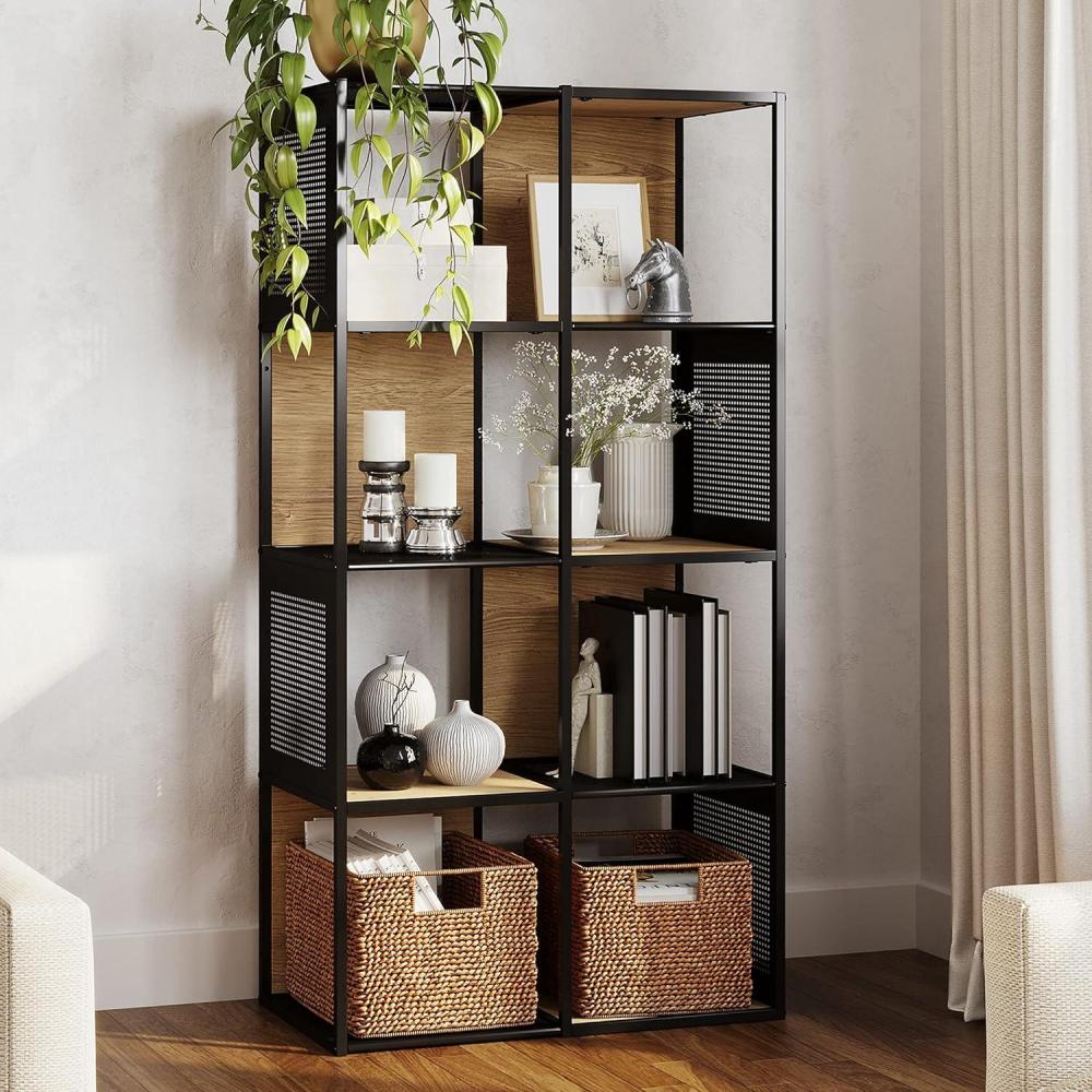 imageLavish Home Cube Storage Organizer  IndustrialStyle Wood and Metal Shelving Unit  Freestanding Bookshelf for The Home or Office Oak and Black