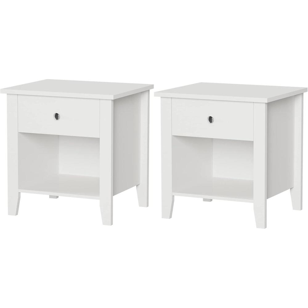 imageLavish Home End Tables Set of 2 Bedside Tables with Drawer and Storage Shelf Traditional Night Stands for Bedrooms or Living Room White