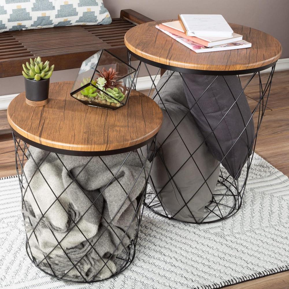 imageLavish Home End Tables Set of 2 Nesting Tables with Removable Wood Tops and Metal Basket Bases for Blanket Storage Round Side Pieces for Living Room Bedroom or Home Office BrownBlackBlack Diamond