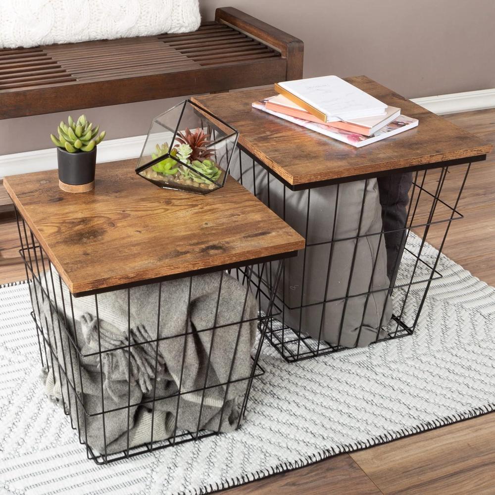 imageLavish Home End Tables Set of 2 Nesting Tables with Removable Wood Tops and Metal Basket Bases for Blanket Storage Round Side Pieces for Living Room Bedroom or Home Office BrownBlackBrown Square 2