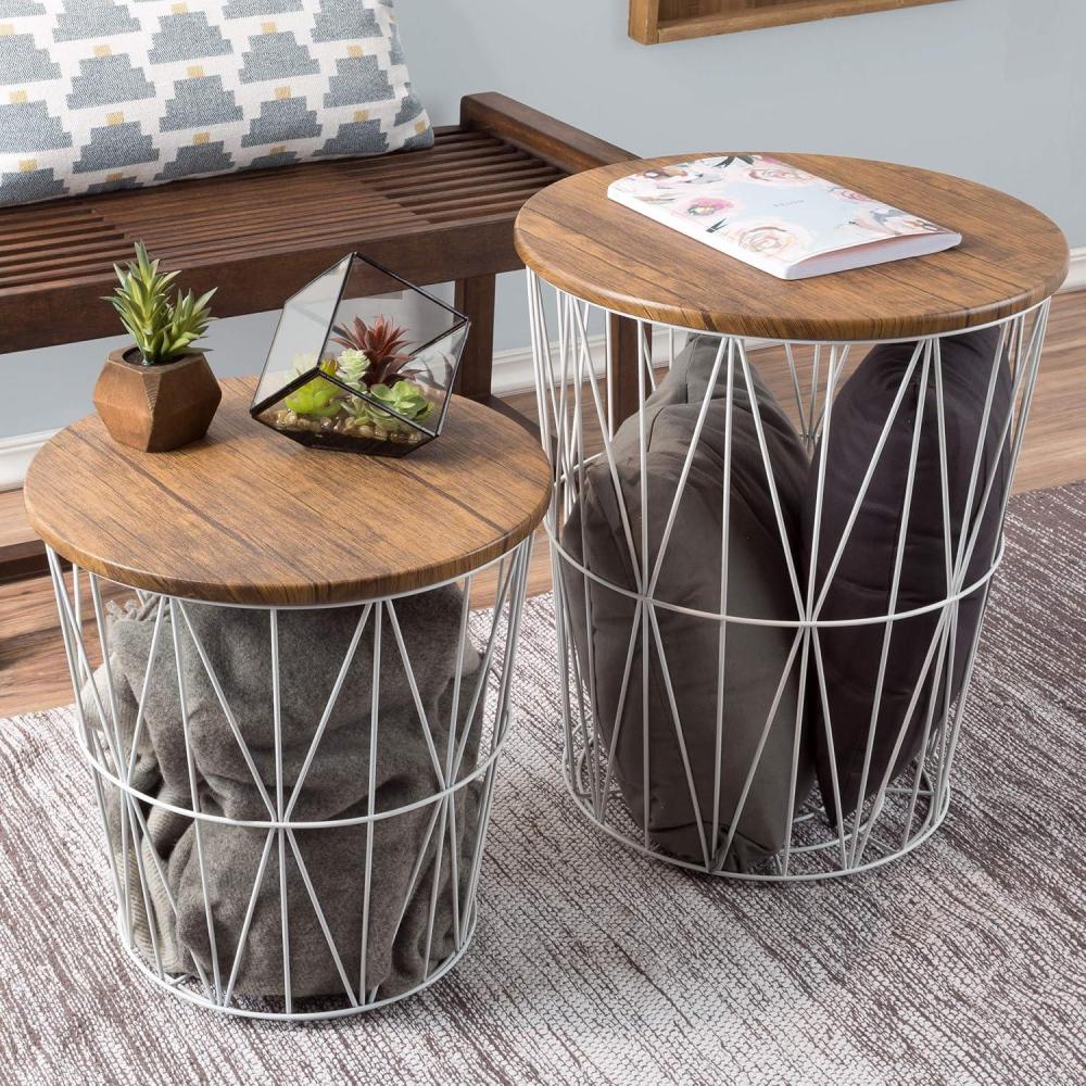 imageLavish Home End Tables Set of 2 Nesting Tables with Removable Wood Tops and Metal Basket Bases for Blanket Storage Round Side Pieces for Living Room Bedroom or Home Office BrownBlackWhite Diamond